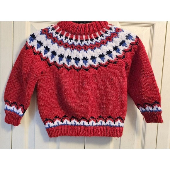 Hand Knit Toddler Sweater Wool Blend Fair Isle Red Crew Neck Unisex Cardigan - Picture 2 of 13